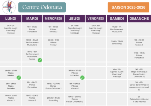 Grille horaire des cours de Pilates, renforcement musculaire, stretching, danse au Centre Odonata Liège