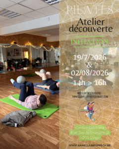 Affiche présentant les ateliers découverte Pilates organisés à Liège au Centre Odonata les 19 juillet et 2 août 2026.