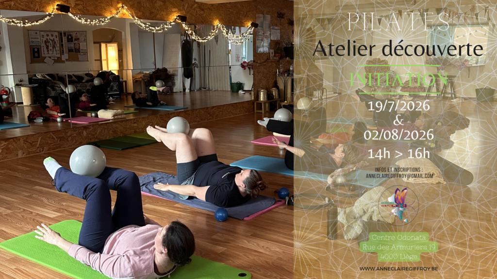Affiche présentant les ateliers découverte Pilates organisés à Liège au Centre Odonata les 19 juillet et 2 août 2026.