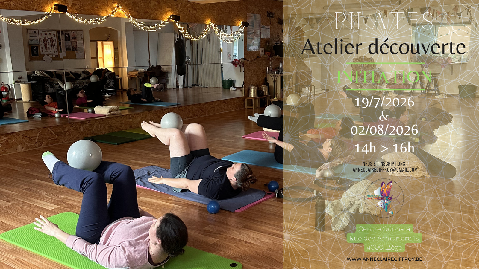 Affiche présentant les ateliers découverte Pilates organisés à Liège au Centre Odonata les 19 juillet et 2 août 2026.